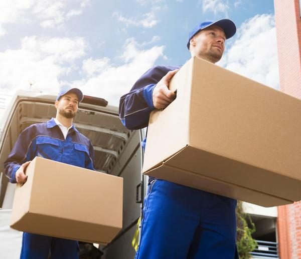 Close-up Of Two Young Delivery Men Carrying Cardboard Box In Front Of Truck